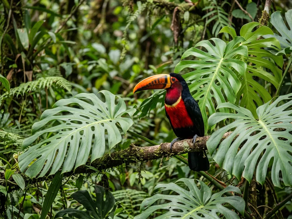 Tropical toucan in lush green leaves, a great paint by numbers subject