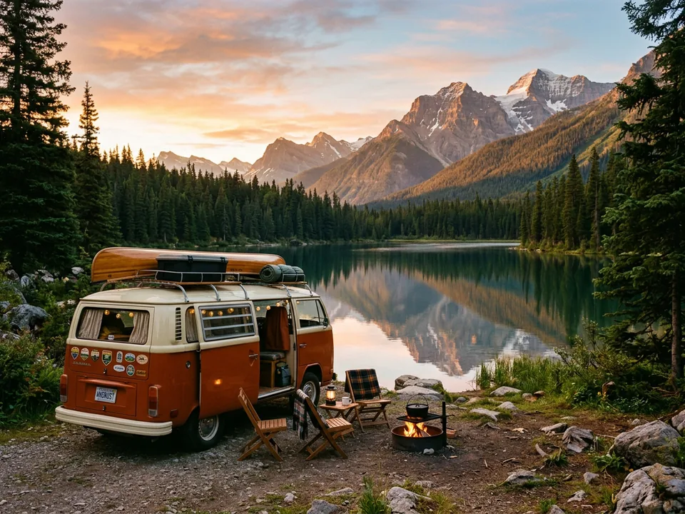 Camper van parked by a mountain lake at sunrise, paint by numbers scene